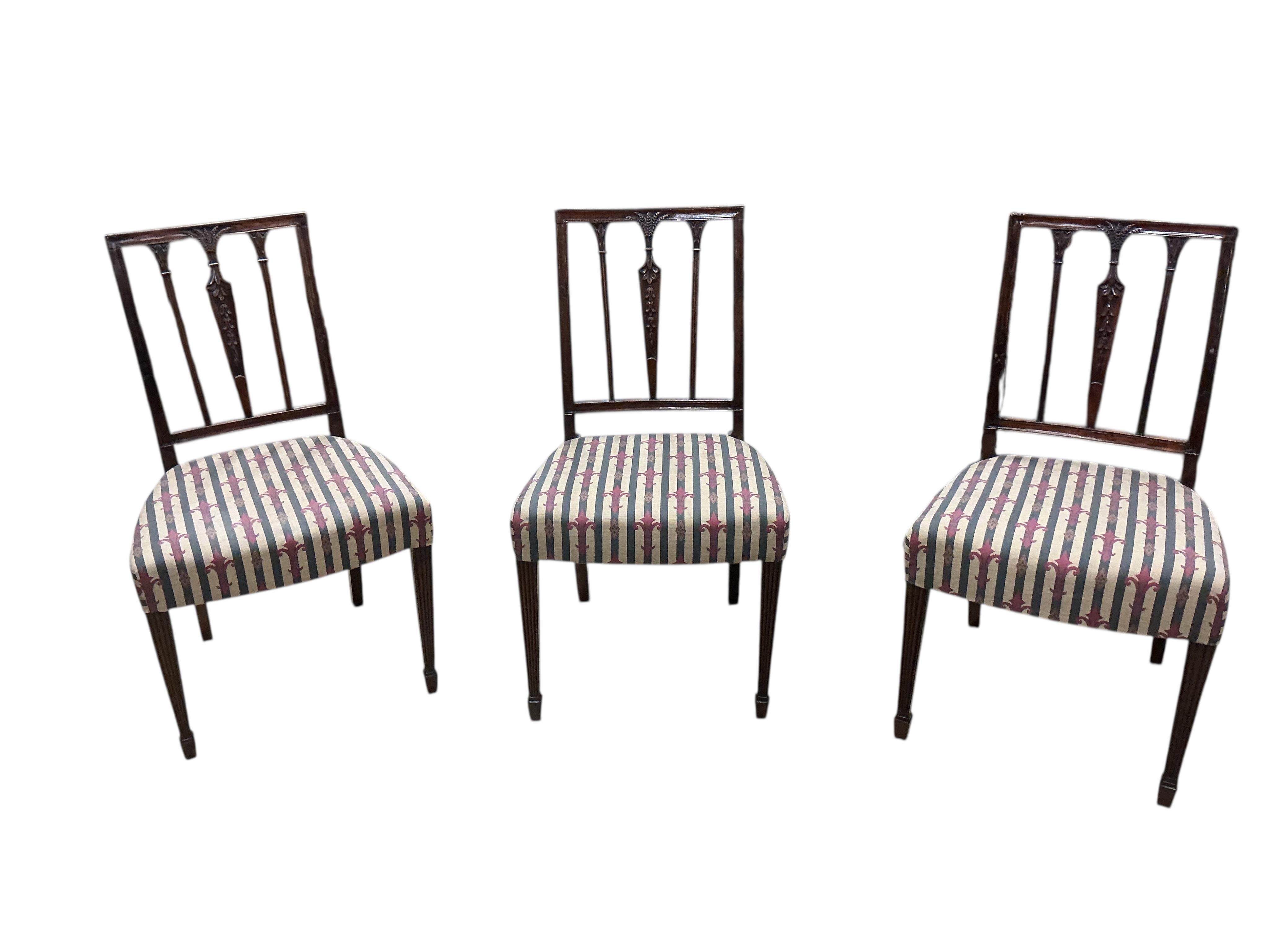 A set of six George III Sheraton style mahogany dining chairs, width 49cm, depth 42cm, height 89cm